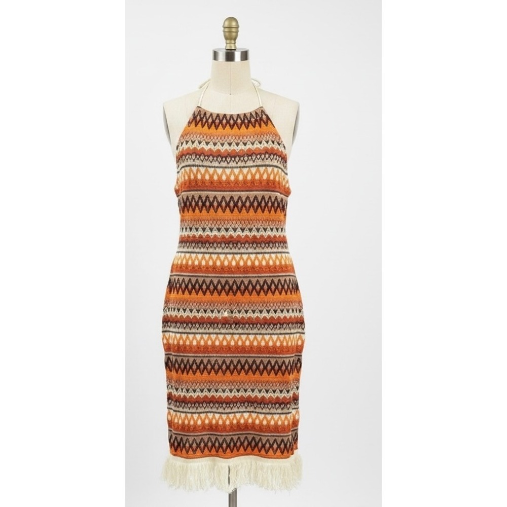 Emery Rose Boho Halter Knit Fringe Mini Dress Orange Zig Zag Medium